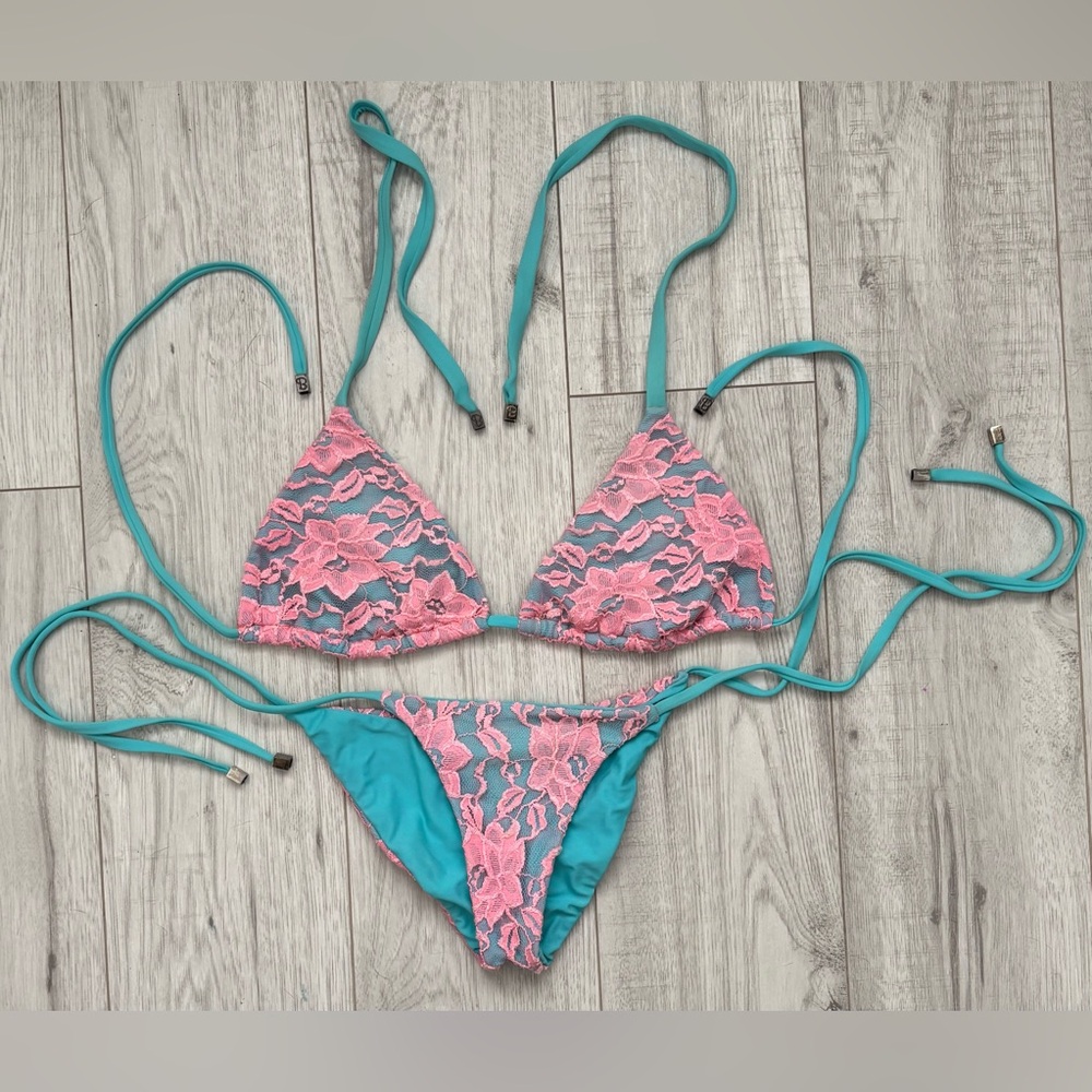 Beach Bunny Lace Turquoise & Pink Side Tie Bikini XL Top & S Scrunch Back Bottom